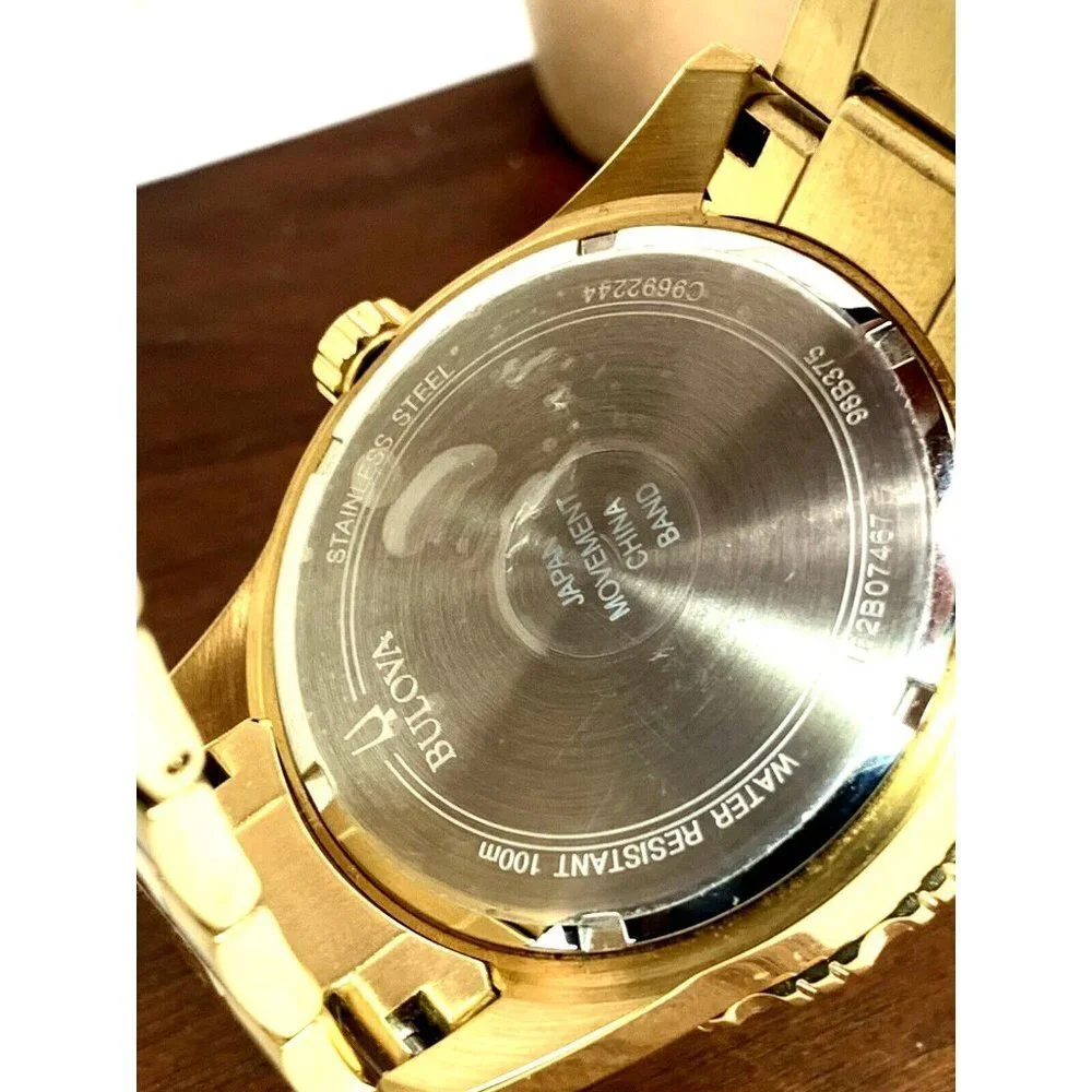 Bulova Men's Watch 98B375 Quartz Gold Black Dial Date Stainless Steel 43mm
